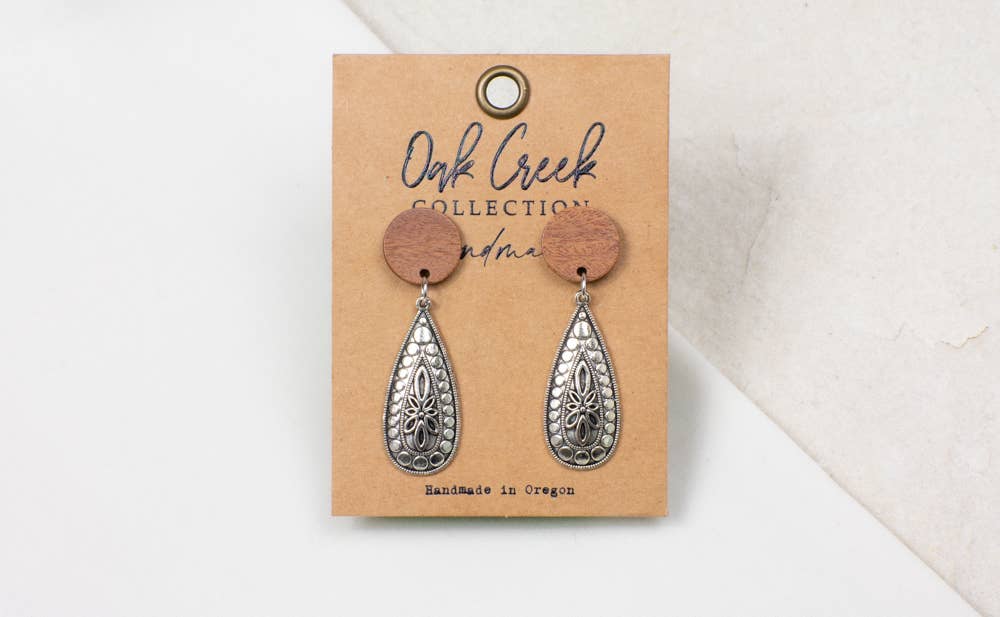 Wood with Silver Teardrop Earrings