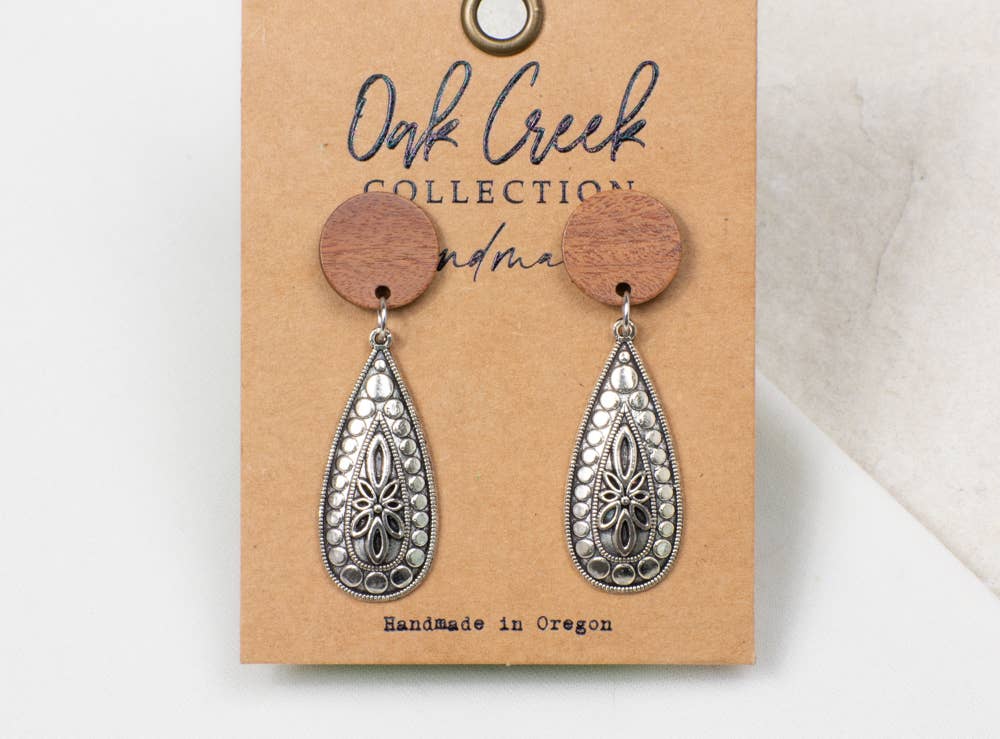 Wood with Silver Teardrop Earrings