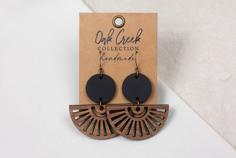 Leather Round with Wood Fan Earrings