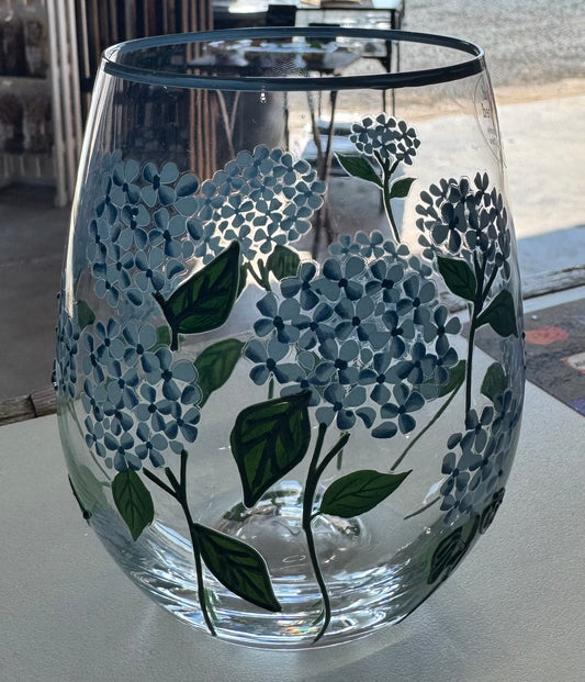 Hand Painted Hydrangea Wine Glass
