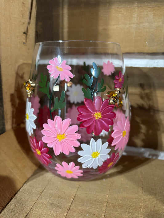 Hand Painted Floral Wine Glass