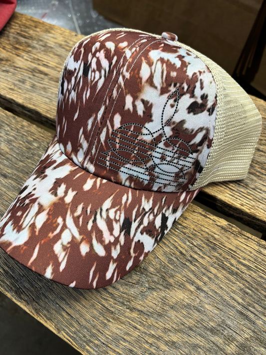 Cow Print Boot Stitch Ponytail Hat