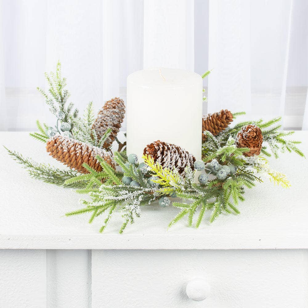 12" Artificial Frosted Berry Pine Cone Candle Ring